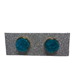 Blue Drusy Druzy Quartz Stud Pierced Earrings Gold tone halo Womens Jewelry